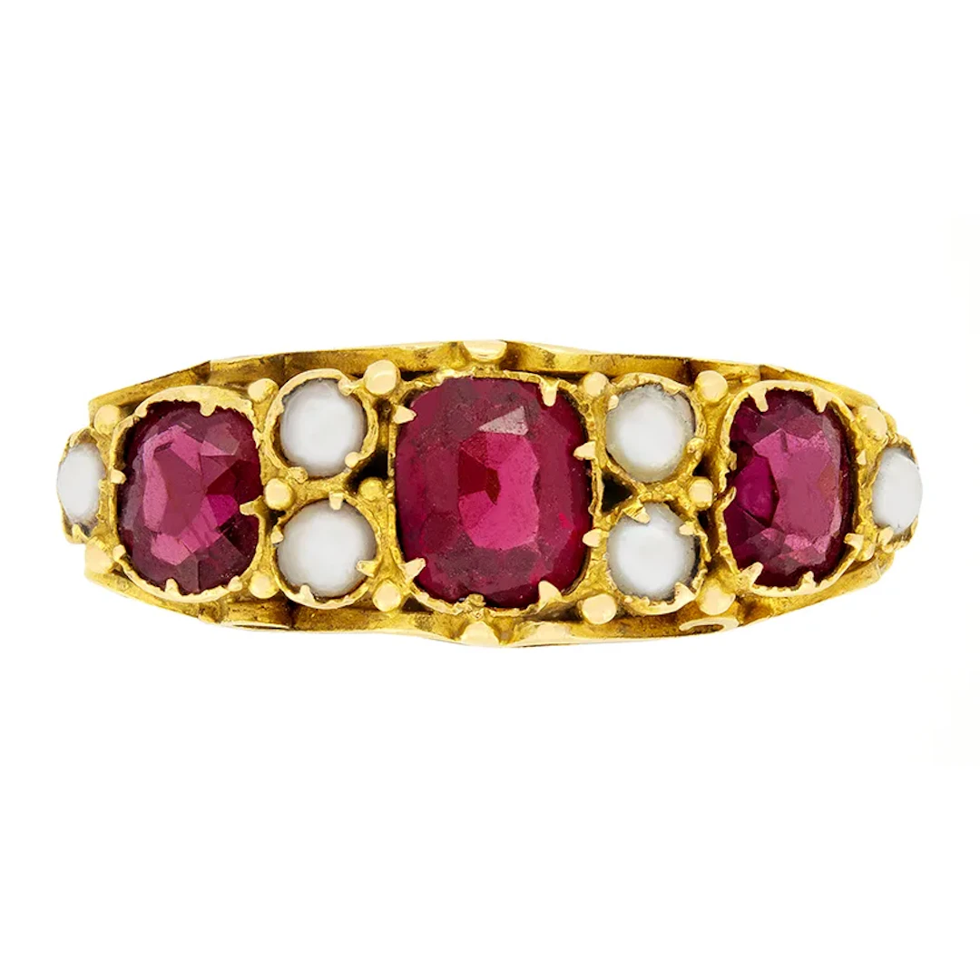 Victorian 1.20ct Purple Sapphire and Pearl Three Stone Ring, c.1860s