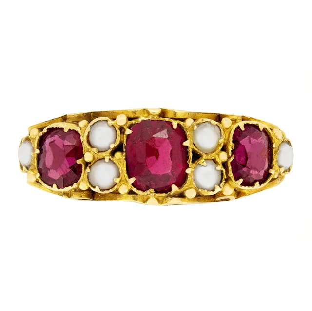 Victorian 1.20ct Purple Sapphire and Pearl Three Stone Ring, c.1860s
