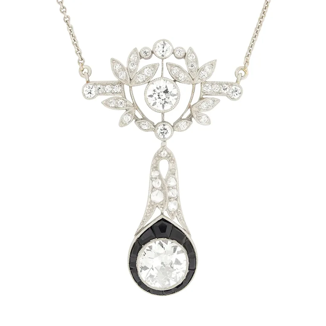 Art Deco 1.65ct Diamond and Onyx Drop Pendant Necklace, c.1920s
