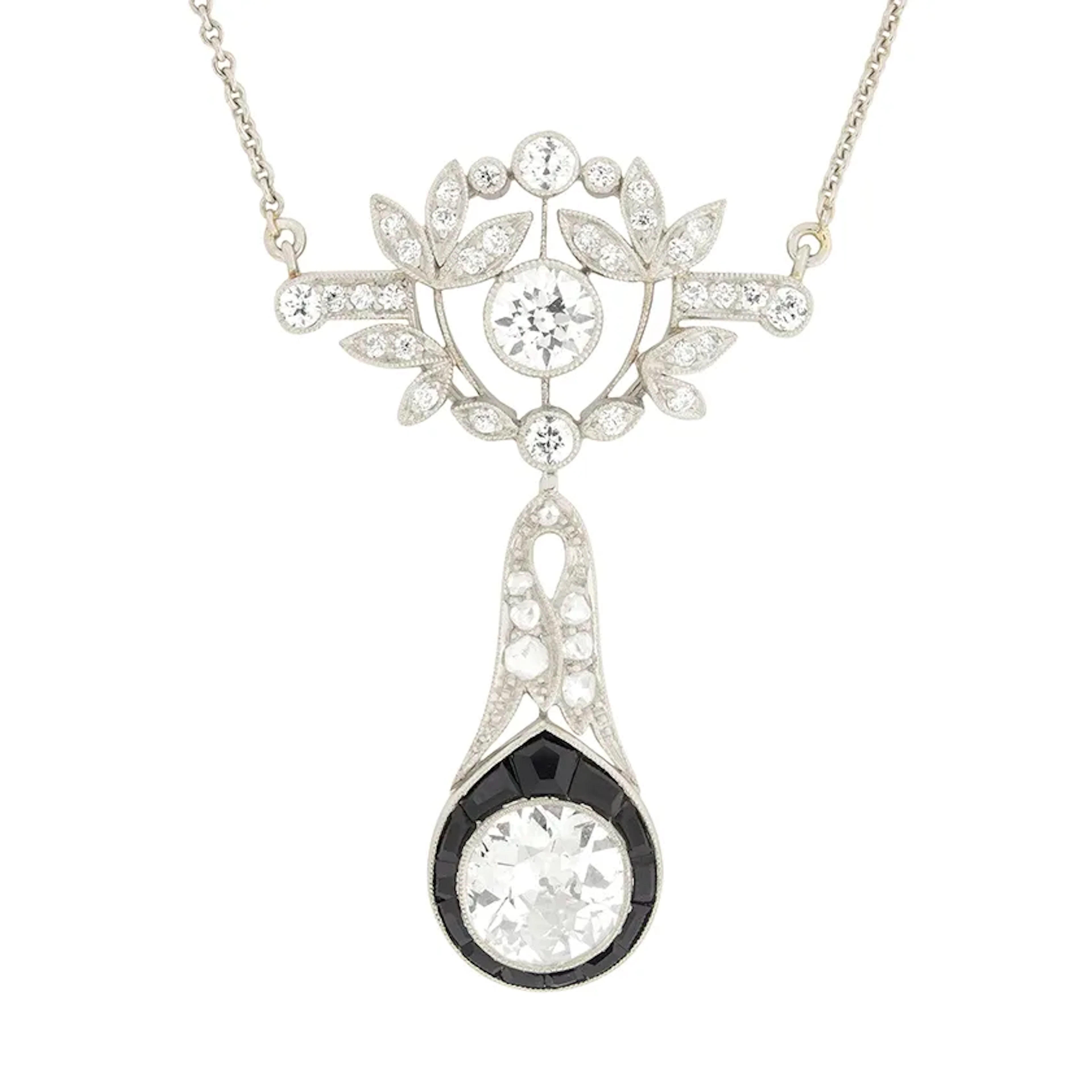 Art Deco 1.65ct Diamond and Onyx Drop Pendant Necklace, c.1920s