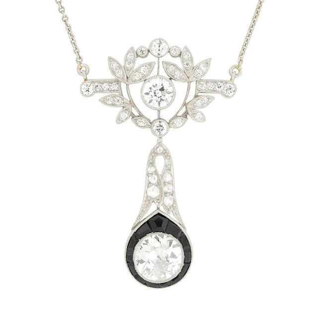 Art Deco 1.65ct Diamond and Onyx Drop Pendant Necklace, c.1920s