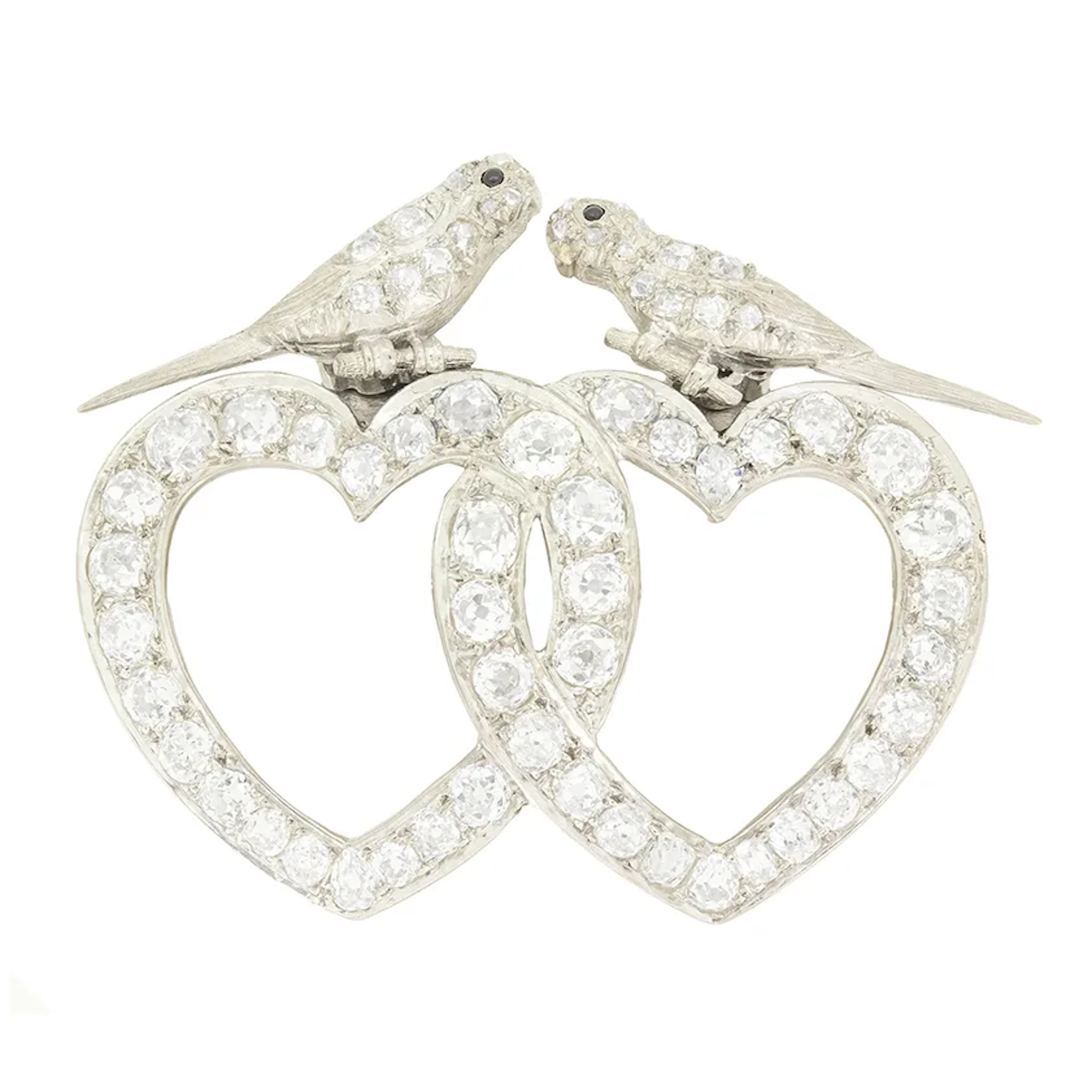 Art Deco 6.70ct Diamond Double Heart Brooch, c.1920s