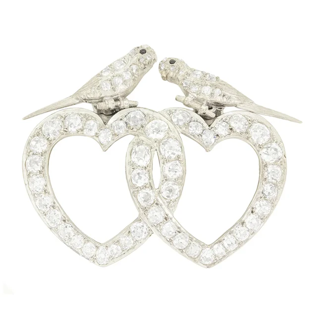 Art Deco 6.70ct Diamond Double Heart Brooch, c.1920s