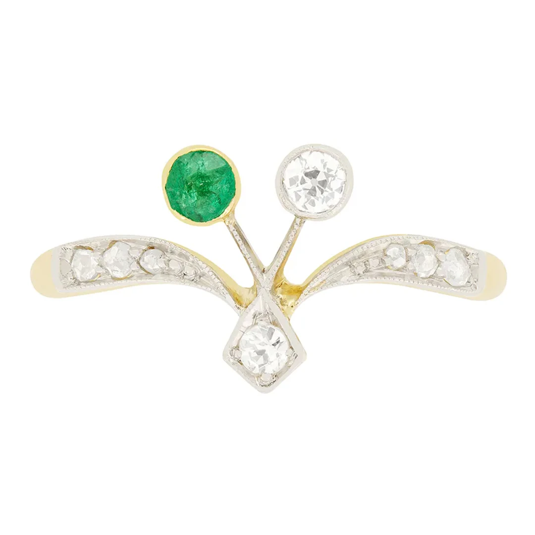 Edwardian 0.15ct Diamond and Emerald Cluster Ring, c.1910s