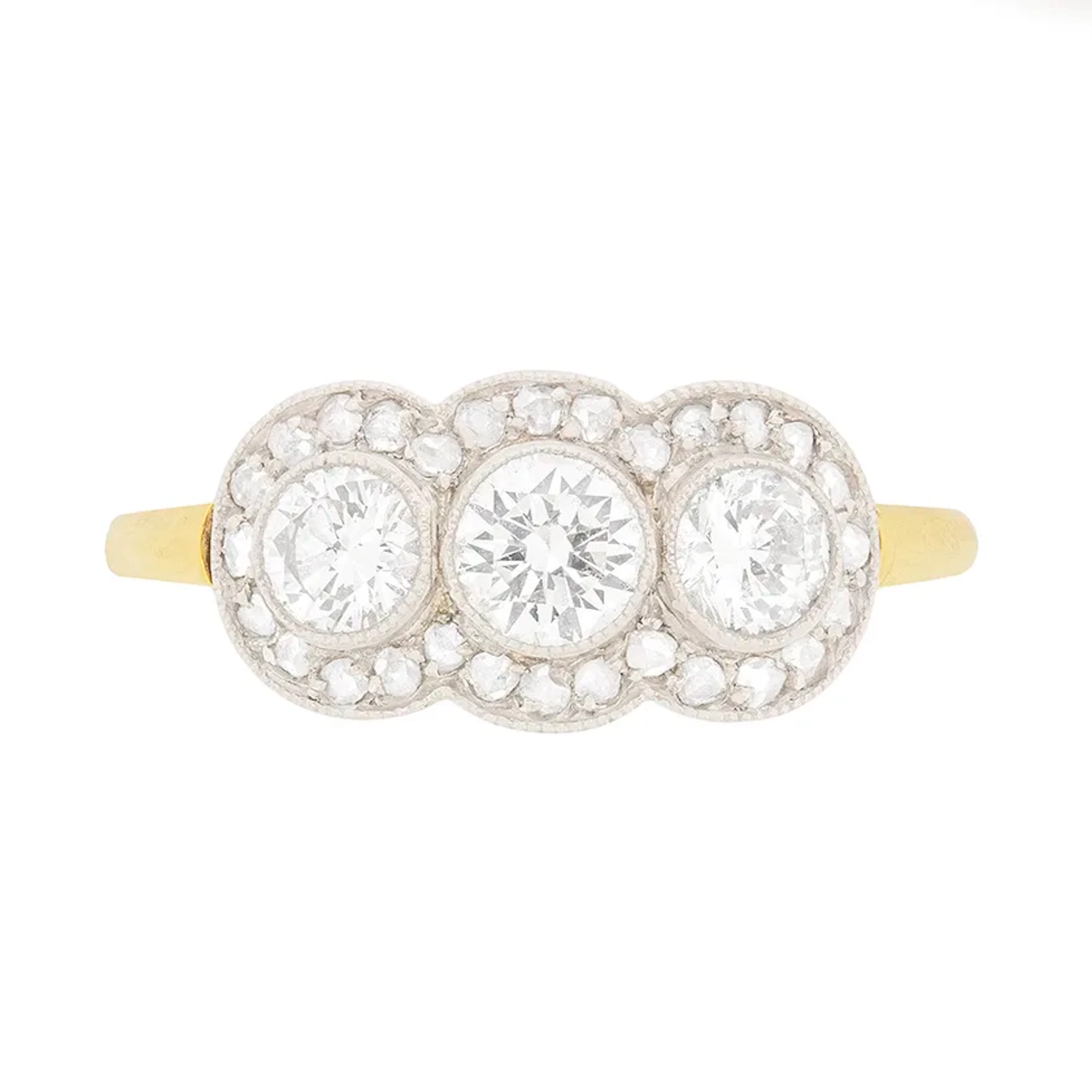 Late Deco Diamond Three Stone with Diamond Halo Ring, c.1940s