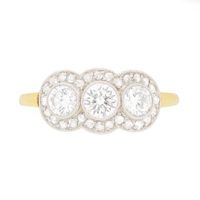 Late Deco Diamond Three Stone with Diamond Halo Ring, c.1940s