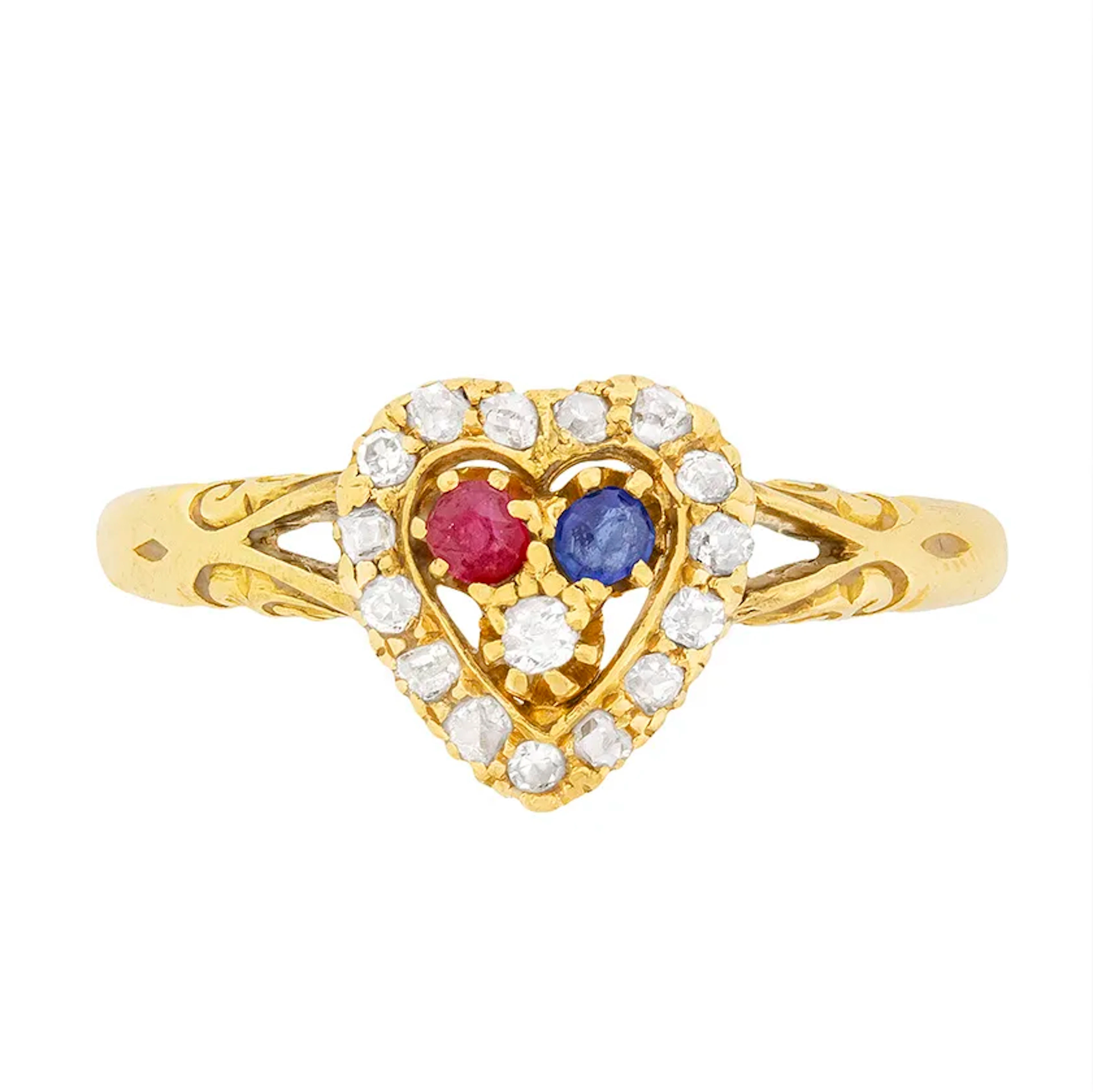 Victorian Heart Shaped Ring with Diamond, Sapphires and Rubies, c.1902