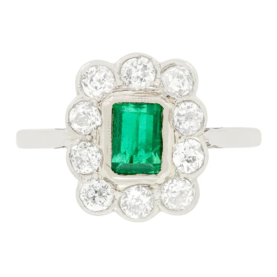 Art Deco 0.65ct Emerald and Diamond Cluster Ring, c.1920s