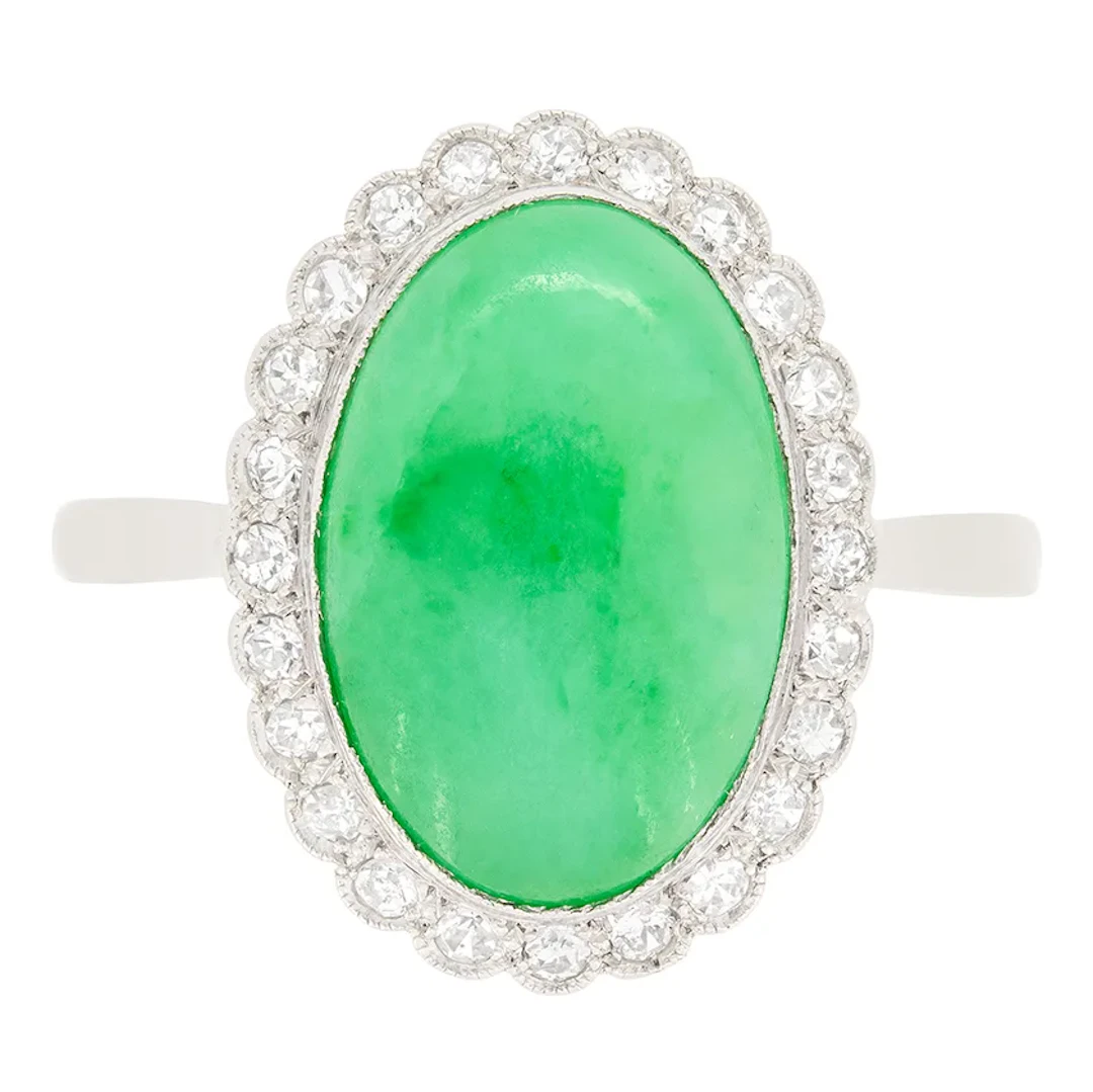 Vintage 5.00ct Jade and Diamond Halo Cluster Ring, c.1950s