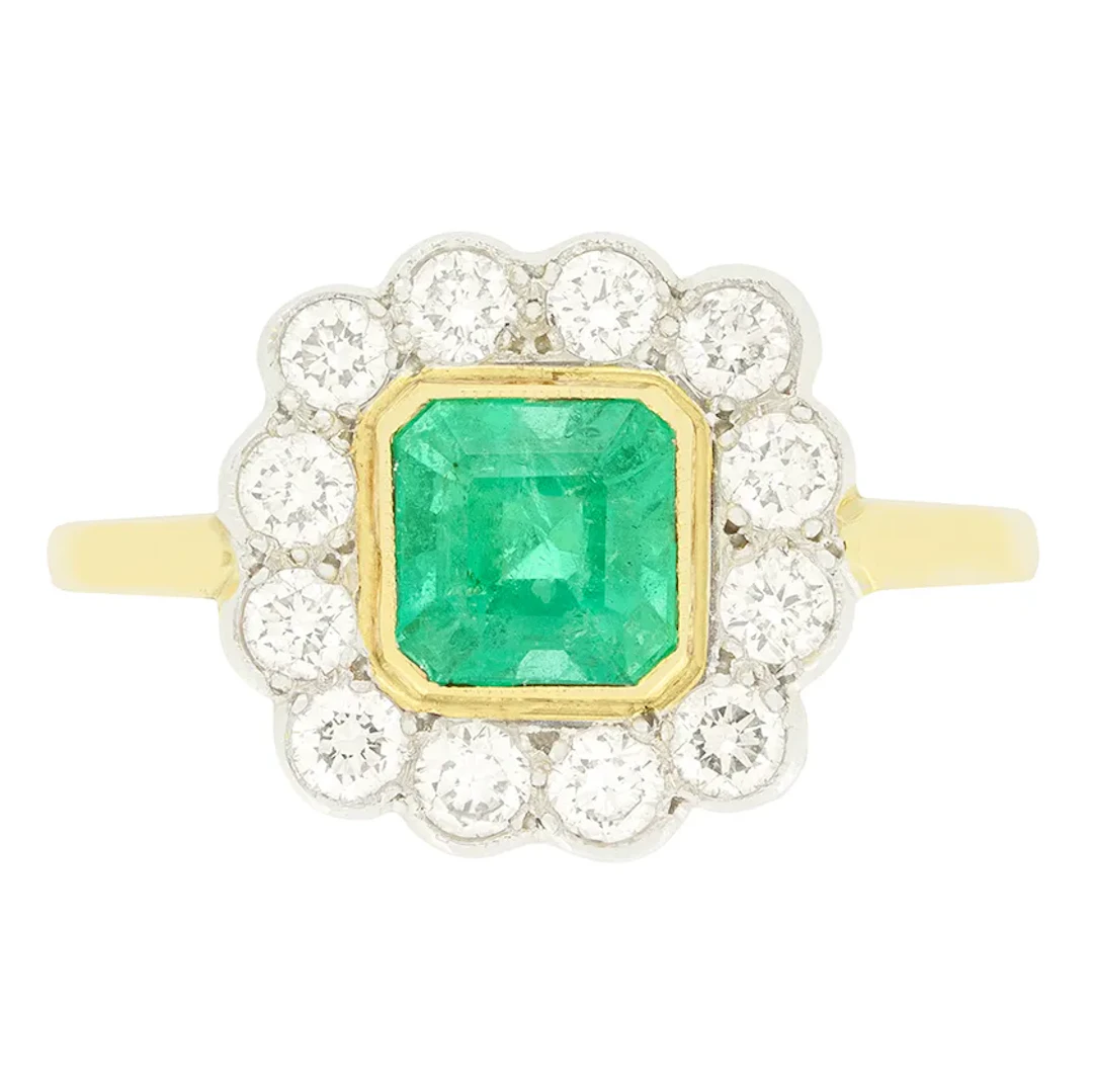 Vintage 1.25ct Emerald and Diamond Cluster Ring, c.1970s