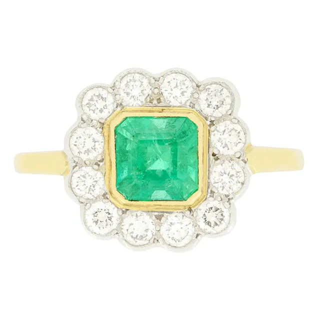 Vintage 1.25ct Emerald and Diamond Cluster Ring, c.1970s