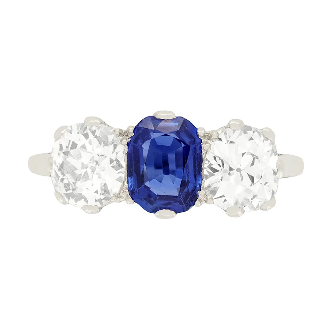 Art Deco 1.00ct Sapphire and Diamond Three Stone Ring, c.1920s