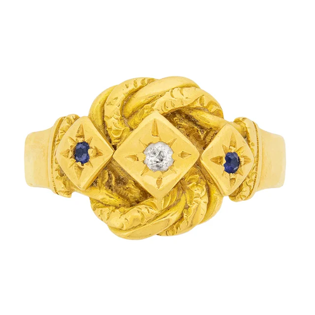 Late Victorian Three Stone Diamond and Sapphire Rope Design Ring, c.1900s