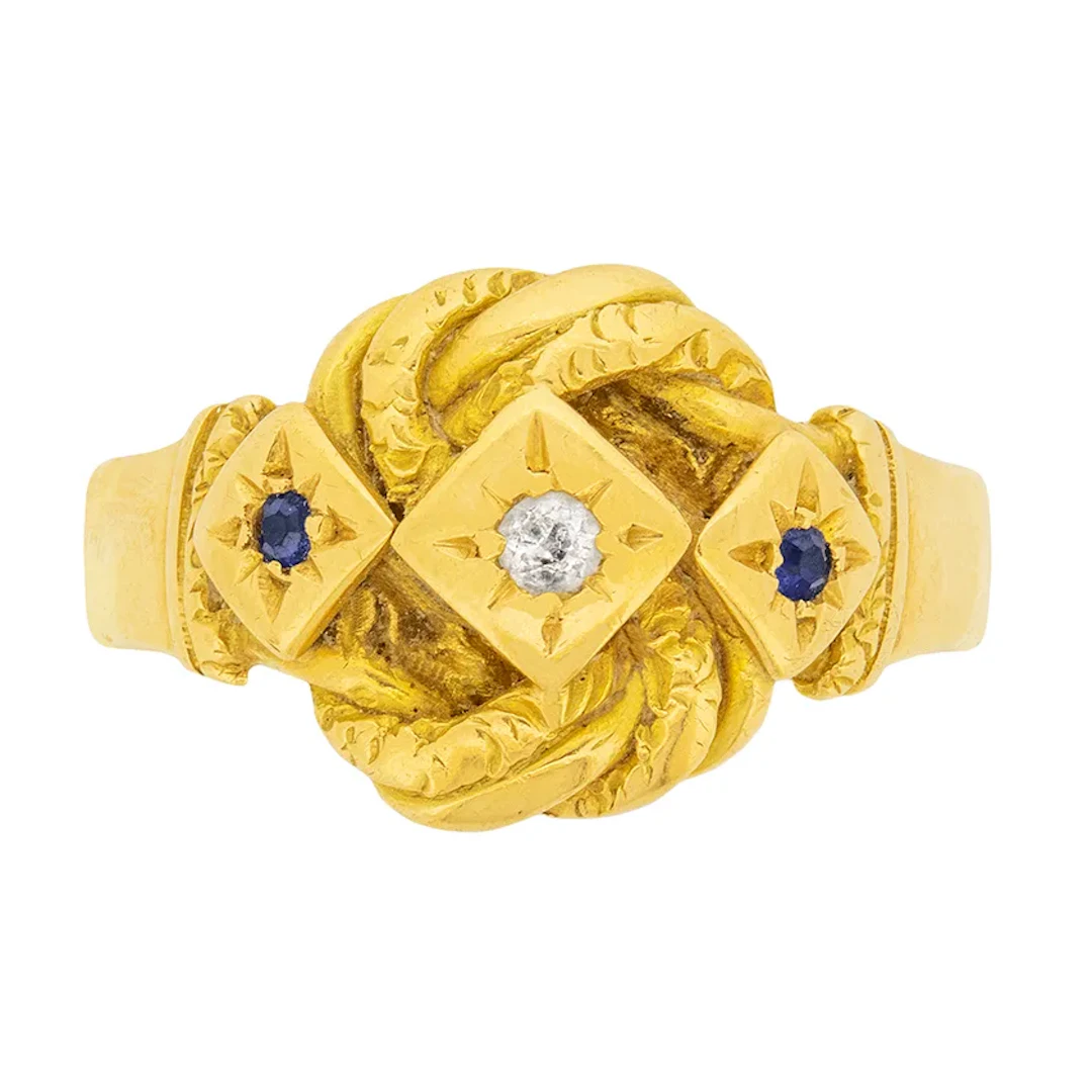 Late Victorian Three Stone Diamond and Sapphire Rope Design Ring, c.1900s