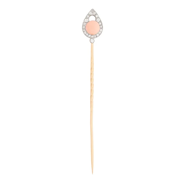 Victorian Coral and Diamond Pin Brooch, c.1880s