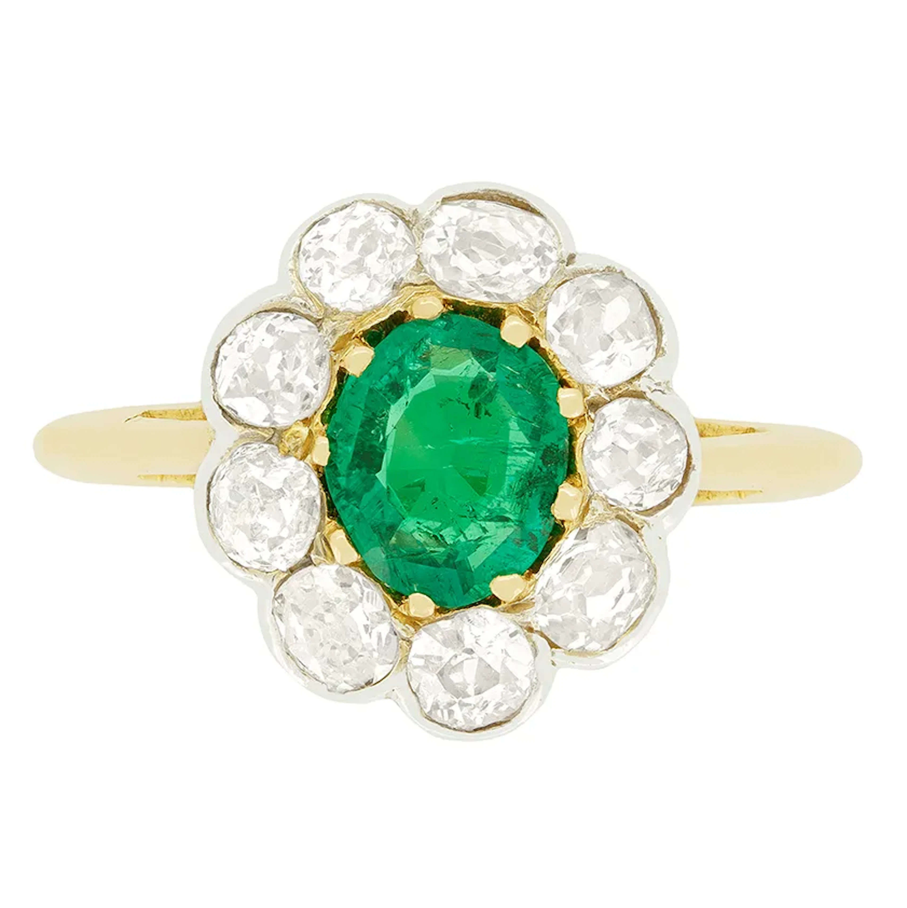 Edwardian 0.60ct Emerald and Diamond Cluster Ring, c.1910s