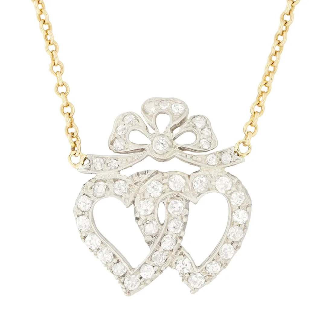 Victorian 1.20ct Diamond Double Heart Necklace, c.1880s