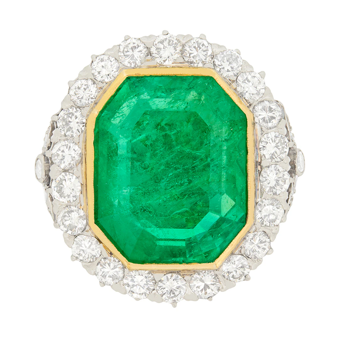 Art Deco 16.10ct Colombian Emerald and Transitional Cut Diamond Halo