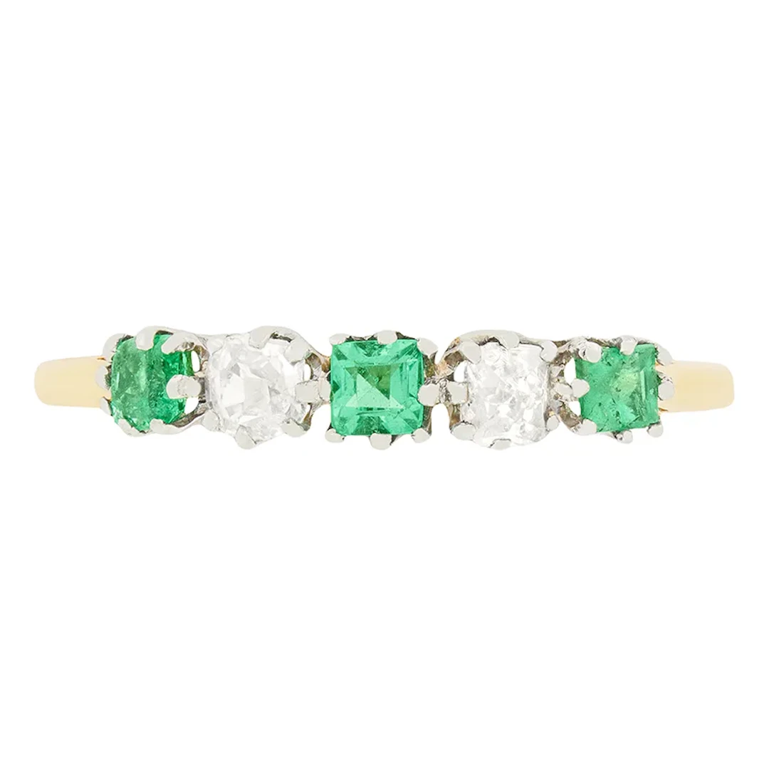 Edwardian 0.50ct Emerald and Diamond Five Stone Ring, c.1910s