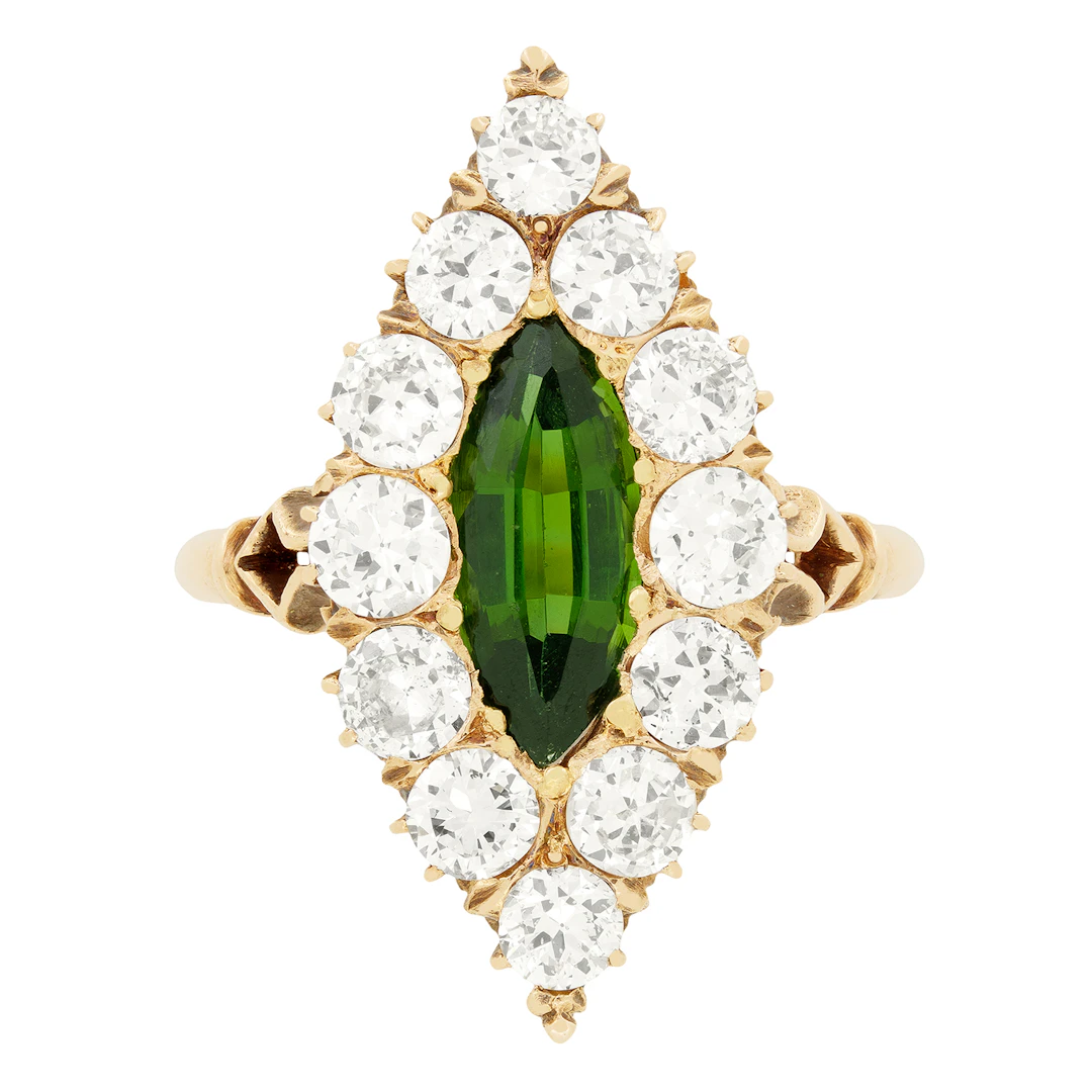 Victorian 1.40ct Emerald and Diamond Boat Ring, c.1880s