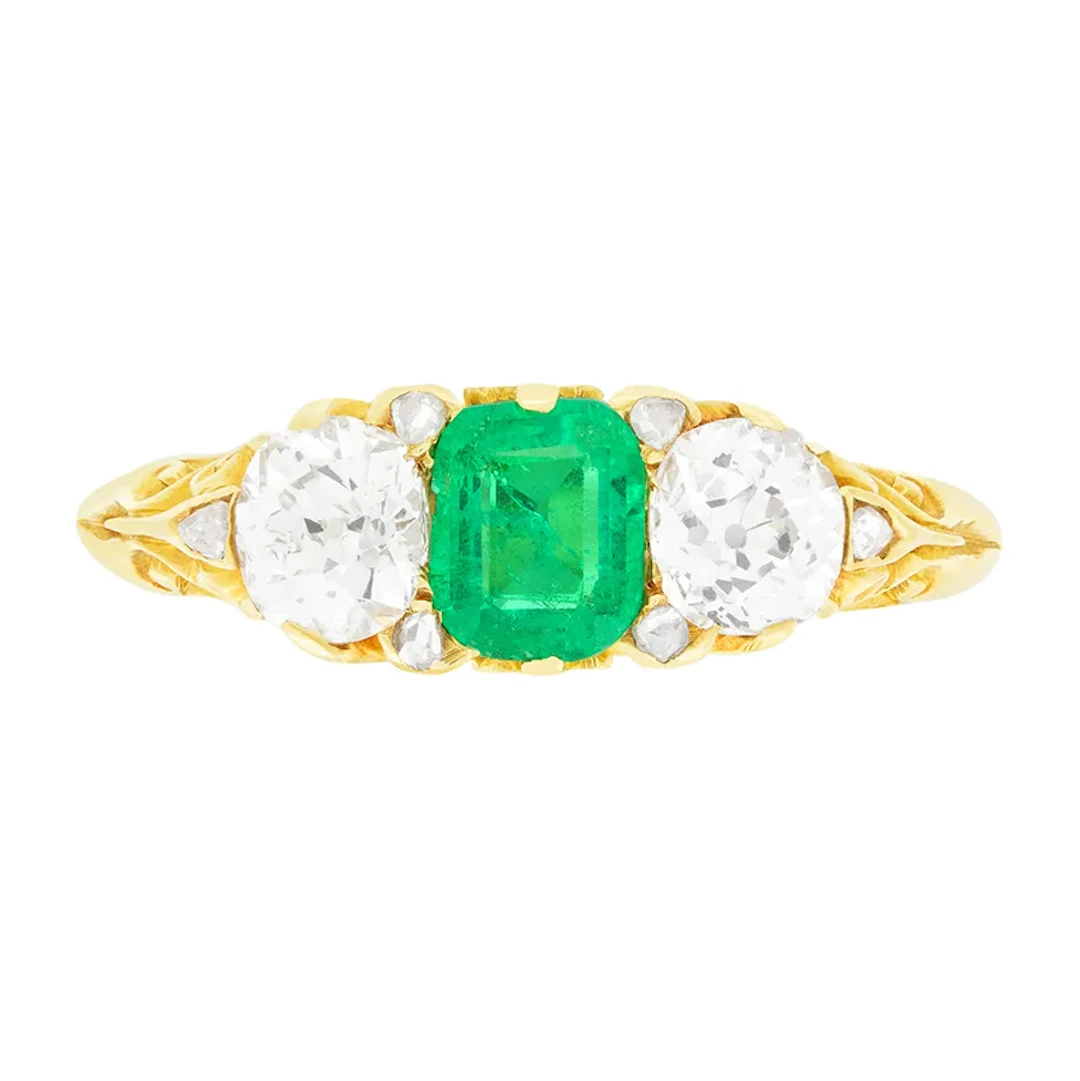 Victorian 0.70ct Emerald and Diamond Three Stone Ring, c.1880s