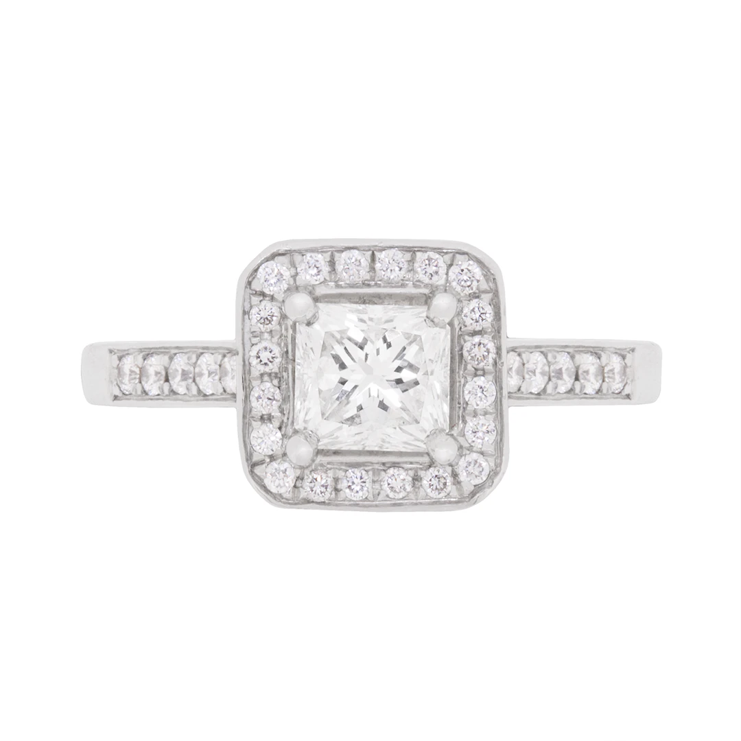 Contemporary 0.70ct Princess Cut Diamond Halo Engagement Ring