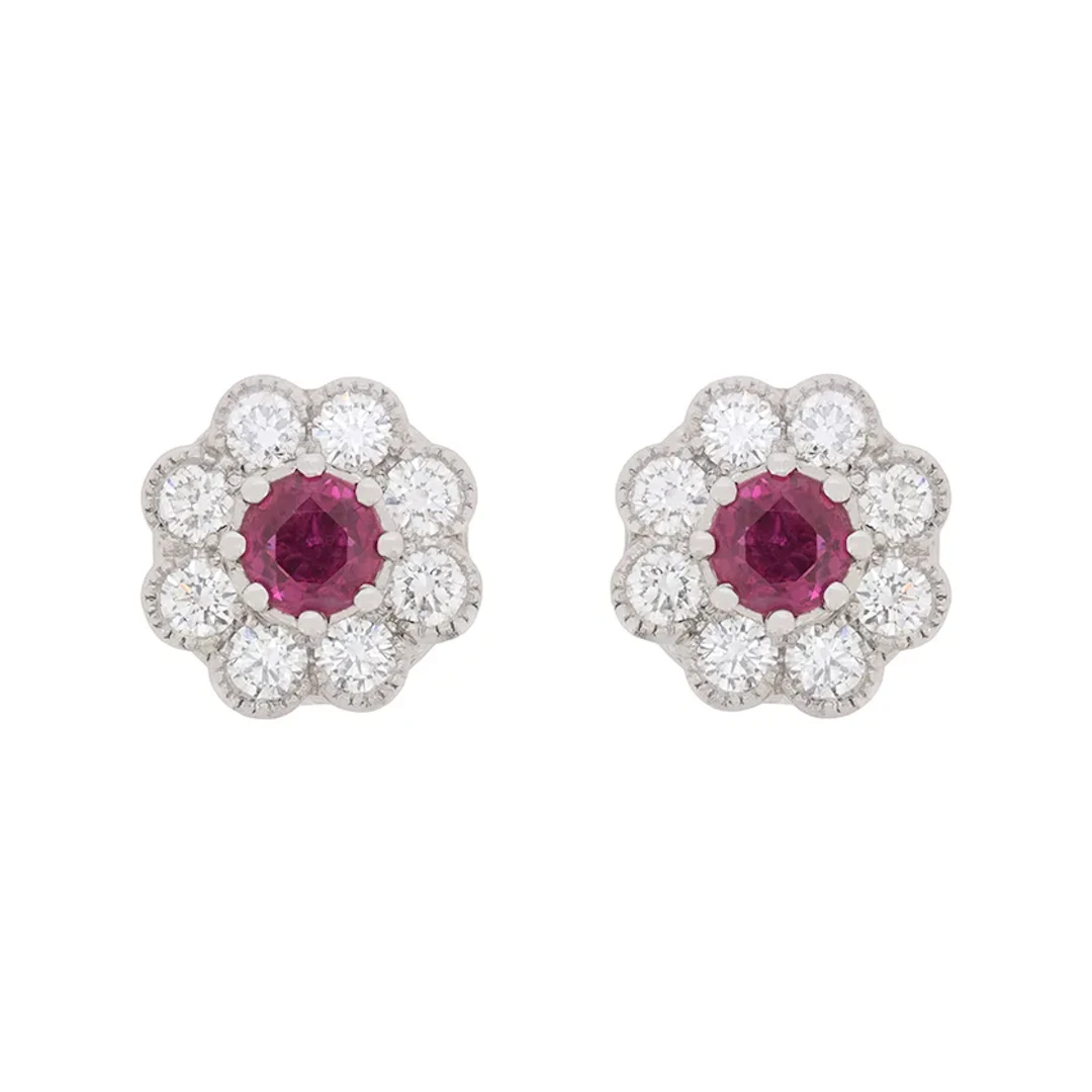 Vintage 0.50ct Ruby and Diamond Halo Earrings, c.1950s