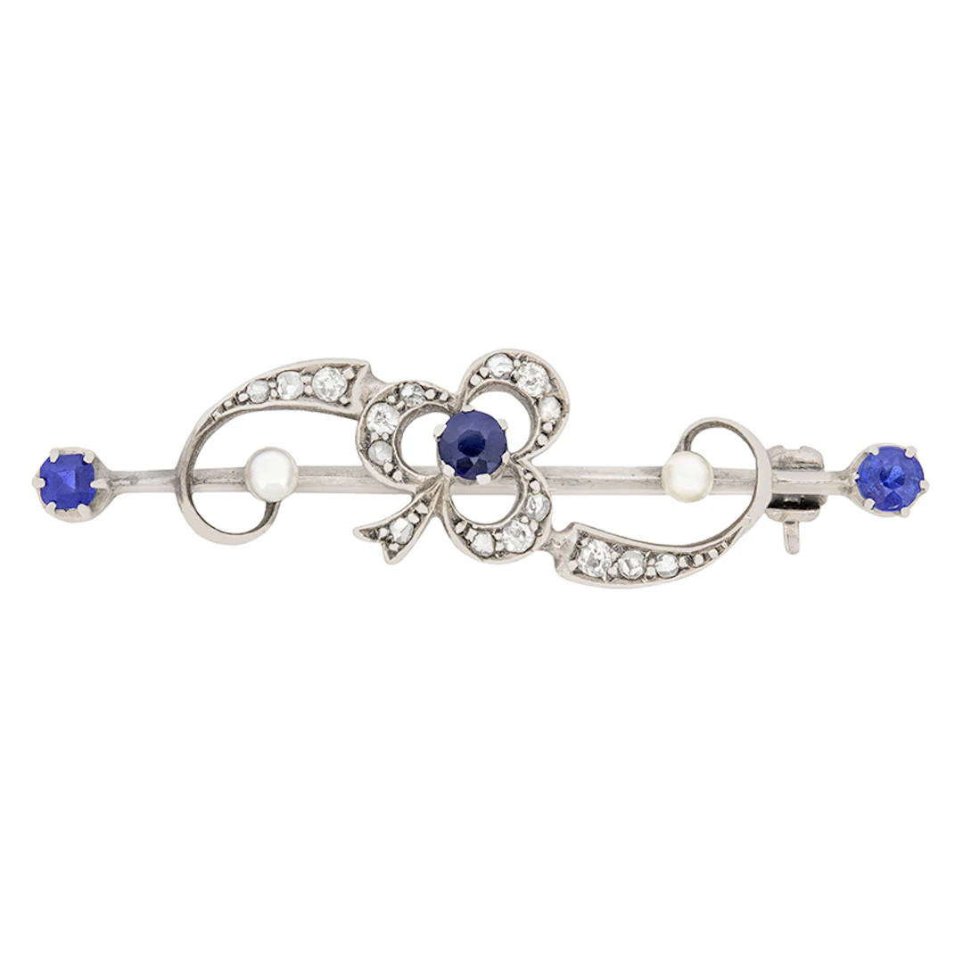 Victorian 0.40ct Sapphire, Diamond and Pearl Clover Brooch, c.1900s