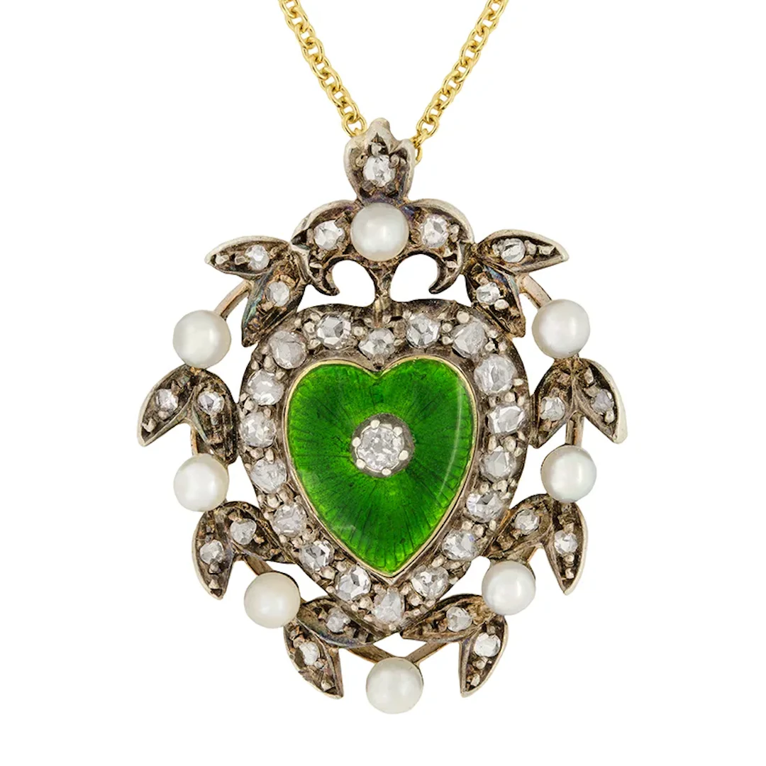 Victorian Diamond & Pearl Enamelled Heart Necklace, c.1880s