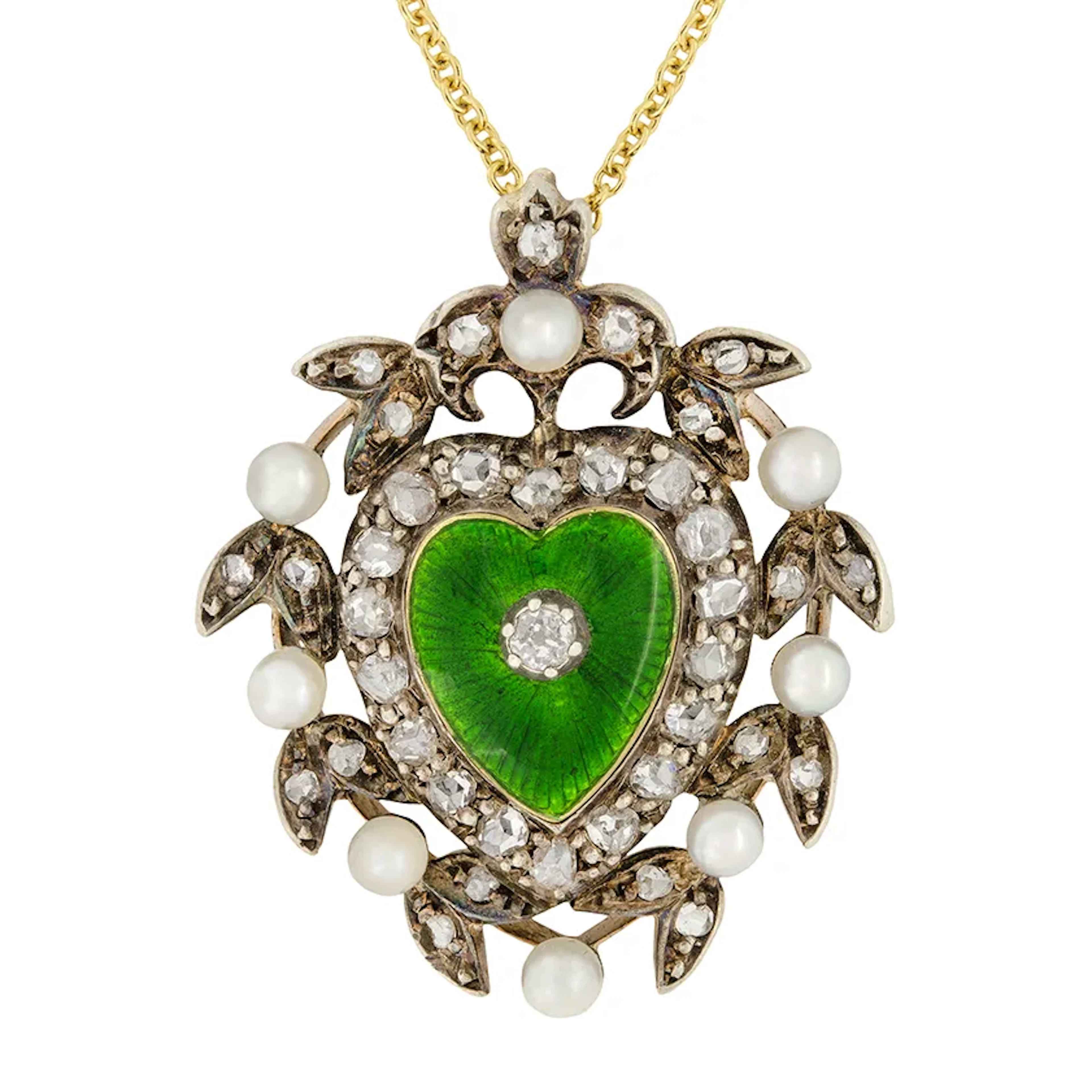 Victorian Diamond & Pearl Enamelled Heart Necklace, c.1880s