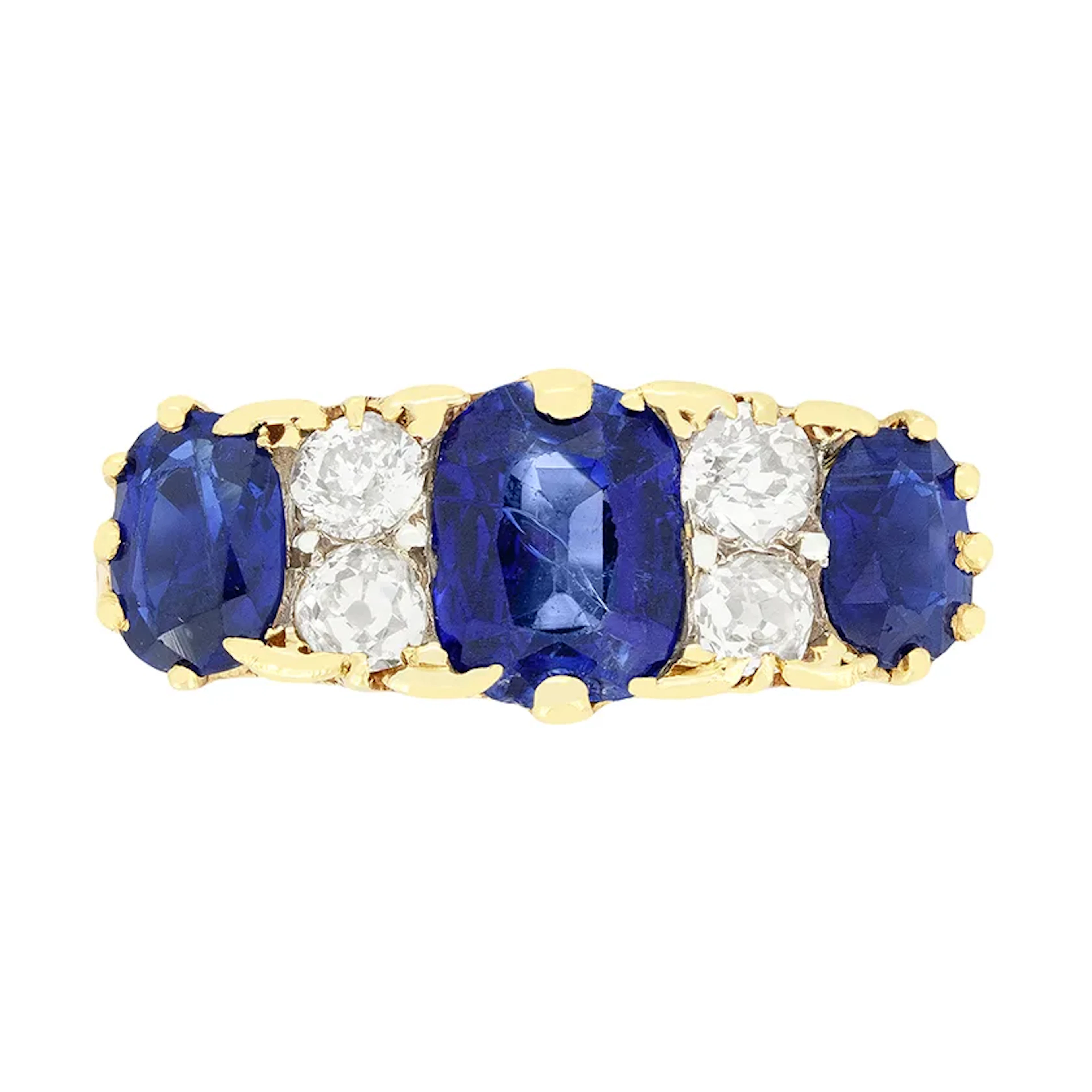 Victorian 2.20ct Sapphire and Diamond Carved Shank Ring, c.1880s