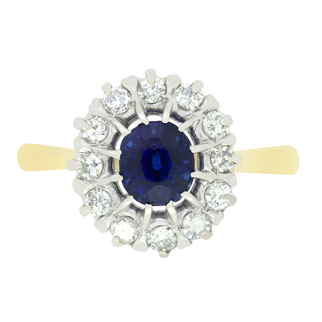 Vintage 0.90ct Sapphire and Diamond Cluster Ring, c.1950s