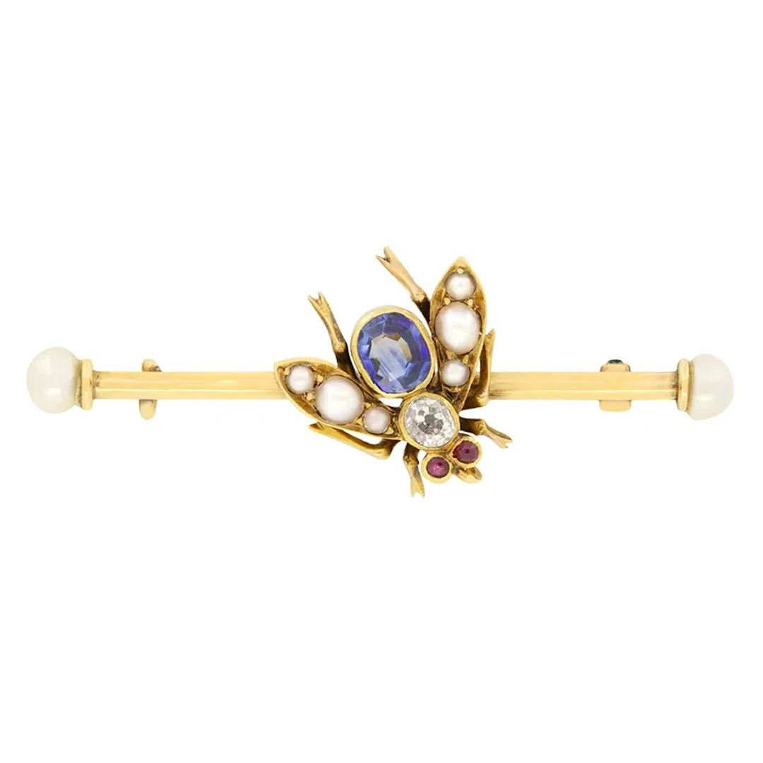 Victorian 0.50ct Sapphire, Diamond and Pearl Bug Brooch, c.1880s