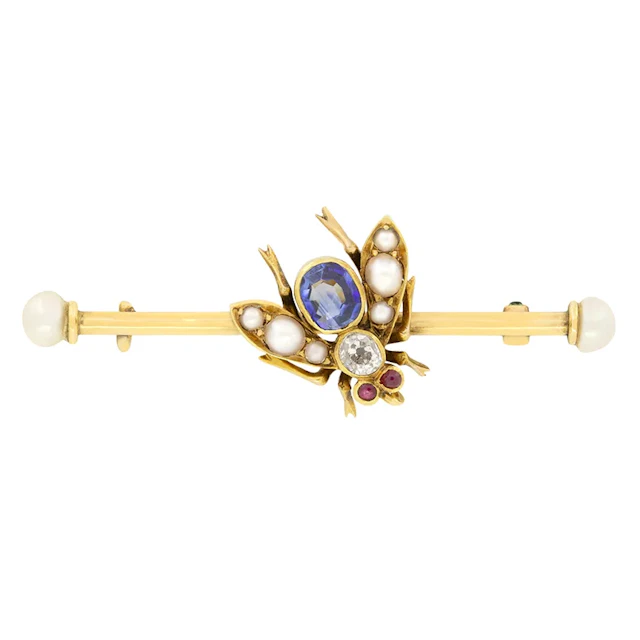 Victorian 0.50ct Sapphire, Diamond and Pearl Bug Brooch, c.1880s