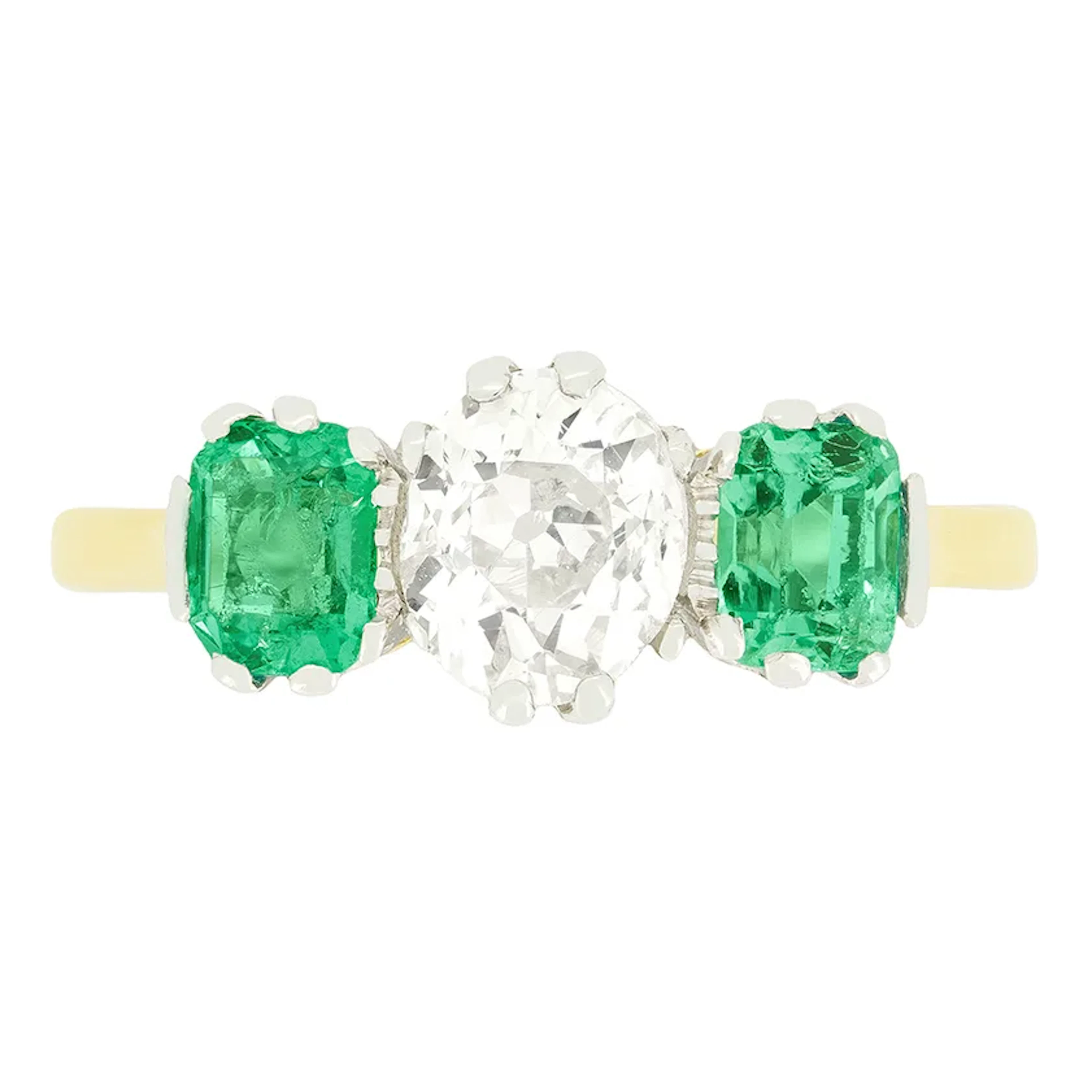 Edwardian 1.00ct Diamond and Emerald Trilogy Ring, c.1910s