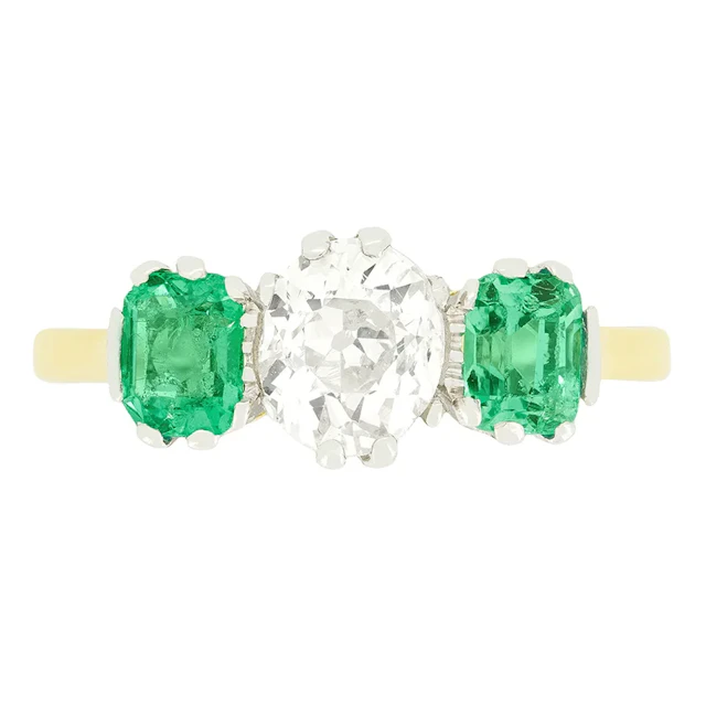Edwardian 1.00ct Diamond and Emerald Trilogy Ring, c.1910s
