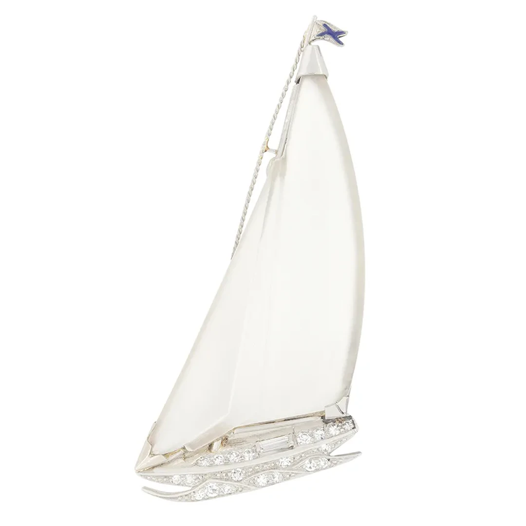 Late Deco 0.37ct Diamond and Crystal Boat Brooch, c.1930s