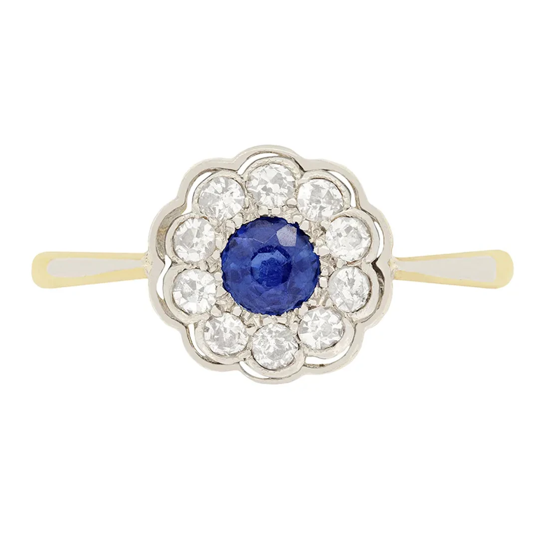 Edwardian 0.30ct Sapphire & Diamond Daisy Cluster Ring, c.1910s