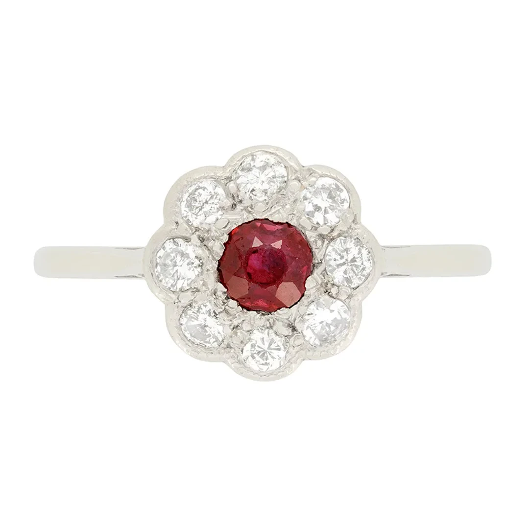 Late Deco 0.25ct Ruby and Diamond Daisy Cluster Ring, c.1940s