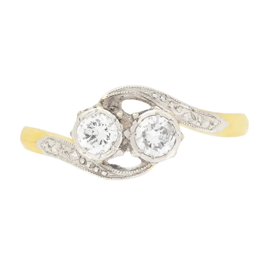 Vintage Diamond Two Stone Crossover Ring with Inscription, c.1940s