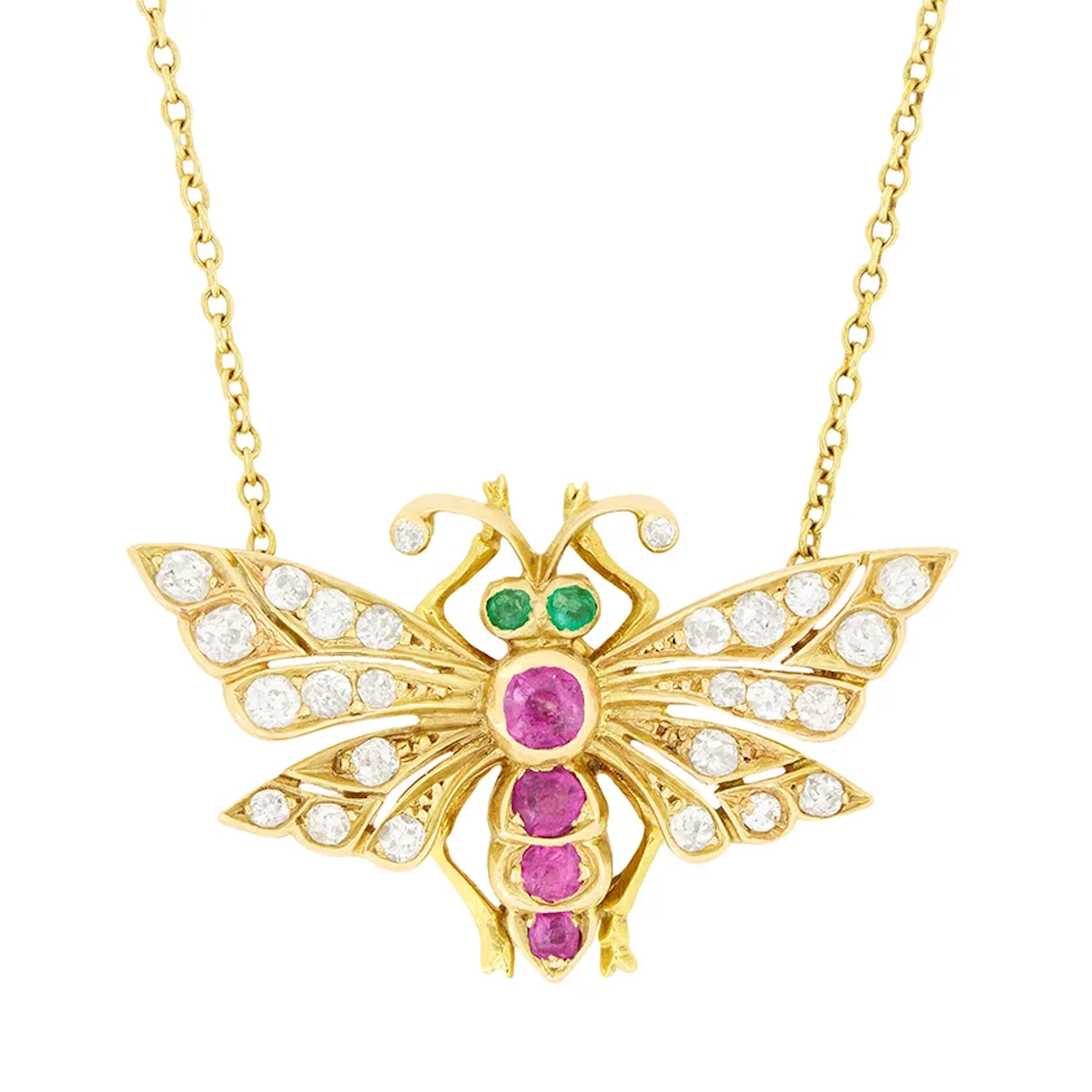 Antique 0.30ct Ruby, Diamond and Emerald Moth Necklace, c.1900s