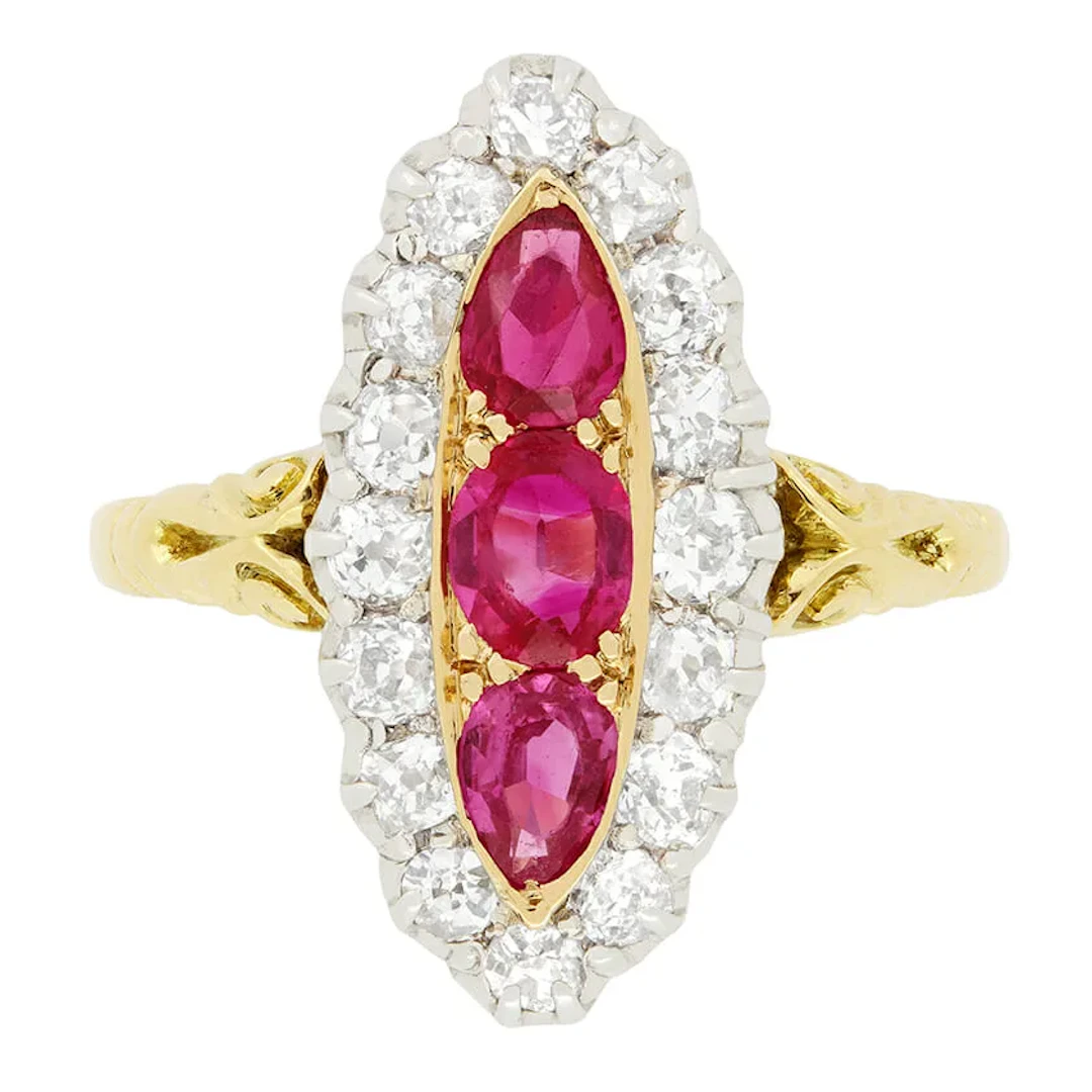 Victorian 0.90ct Pink Sapphire and Diamond Boat ring, c.1880s