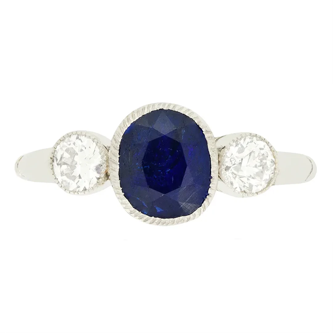 Art Deco 1.90ct Sapphire and Diamond Three Stone Ring, c.1920s