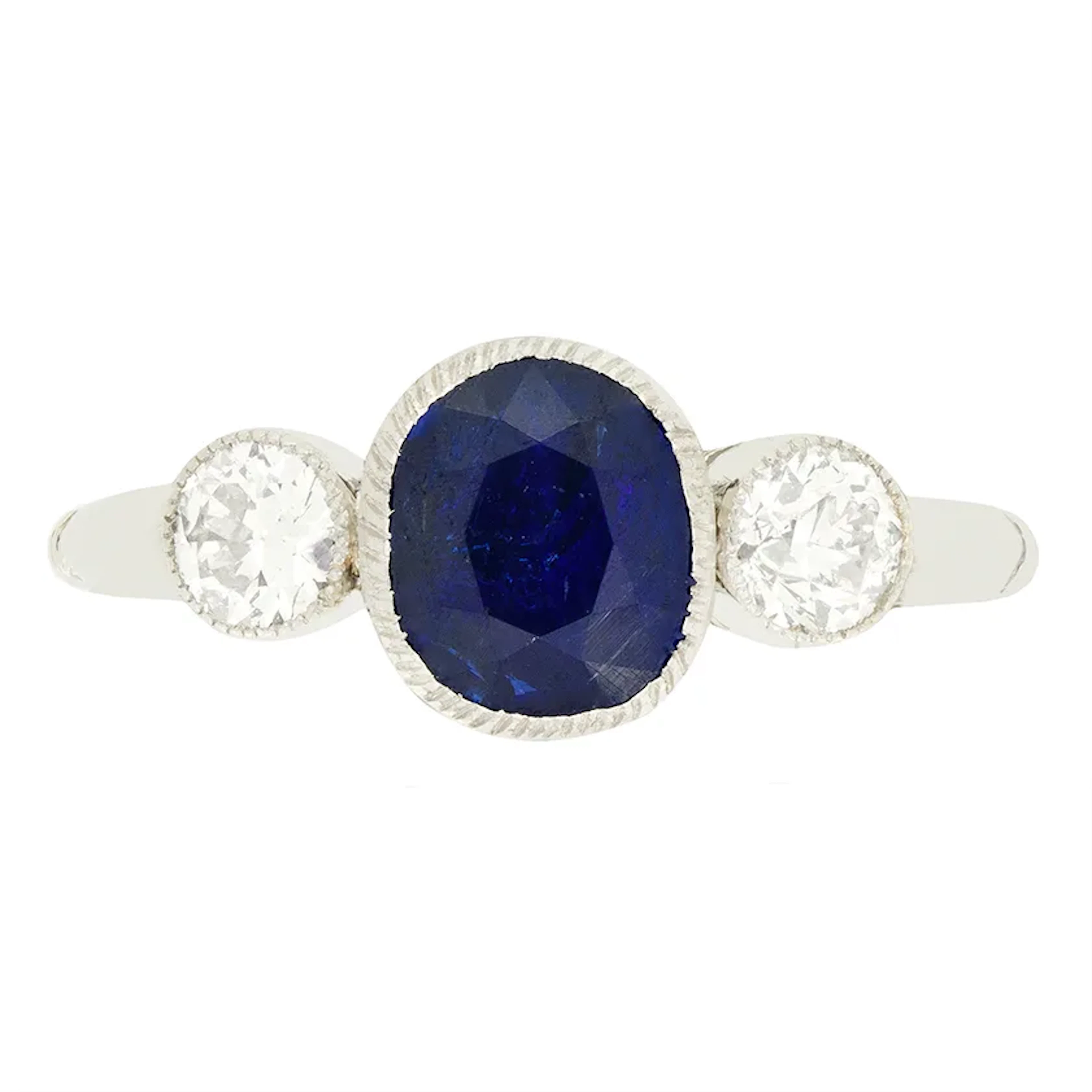Art Deco 1.90ct Sapphire and Diamond Three Stone Ring, c.1920s