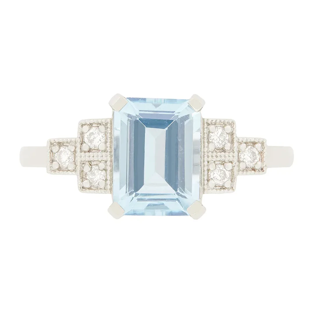 Art Deco Style 1.40ct Aquamarine and Diamond Ring
