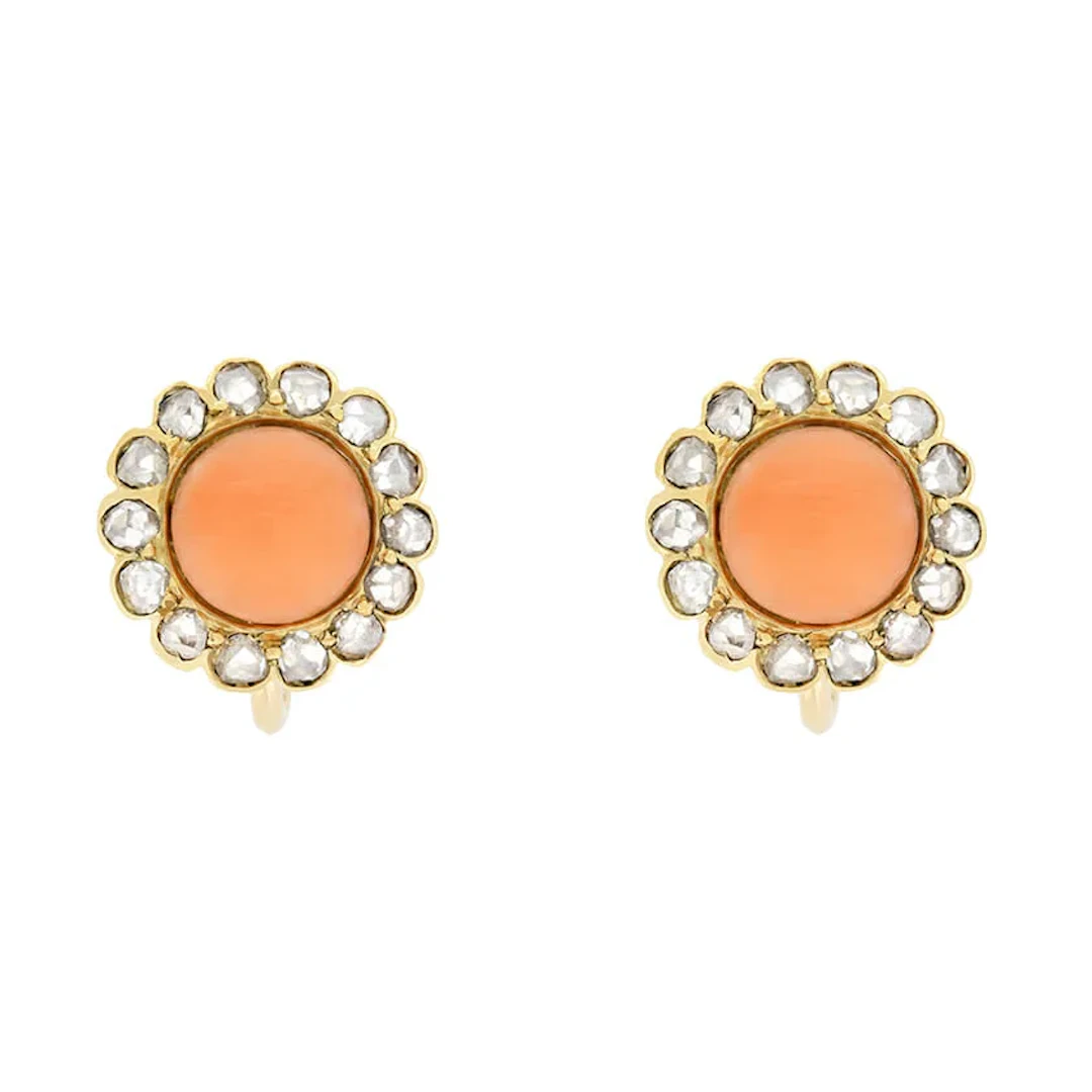 Victorian 2.60ct Coral and Diamond Earrings, c.1880s