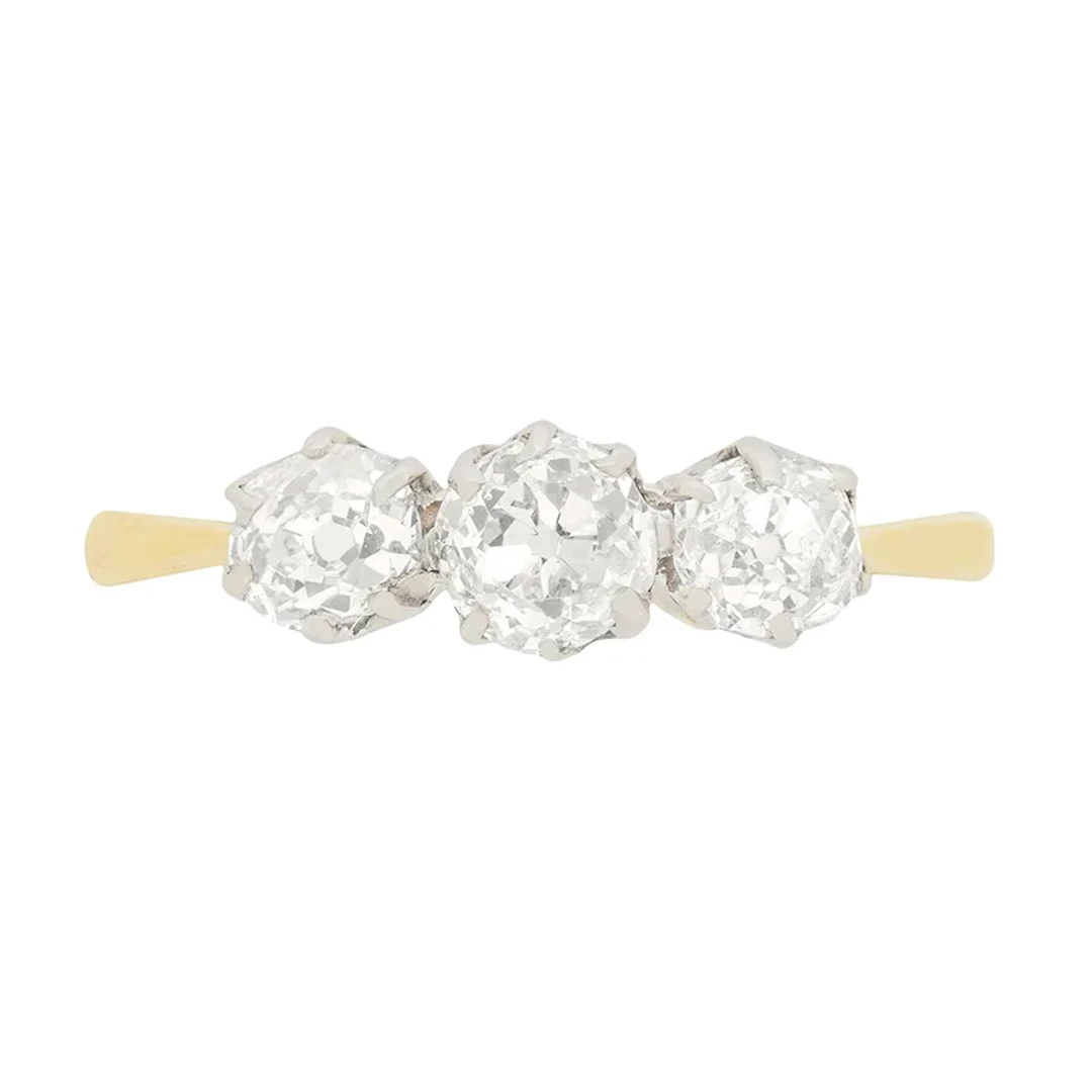 Edwardian 1.10ct Old Cushion Cut Diamond Three Stone Ring, c.1910s