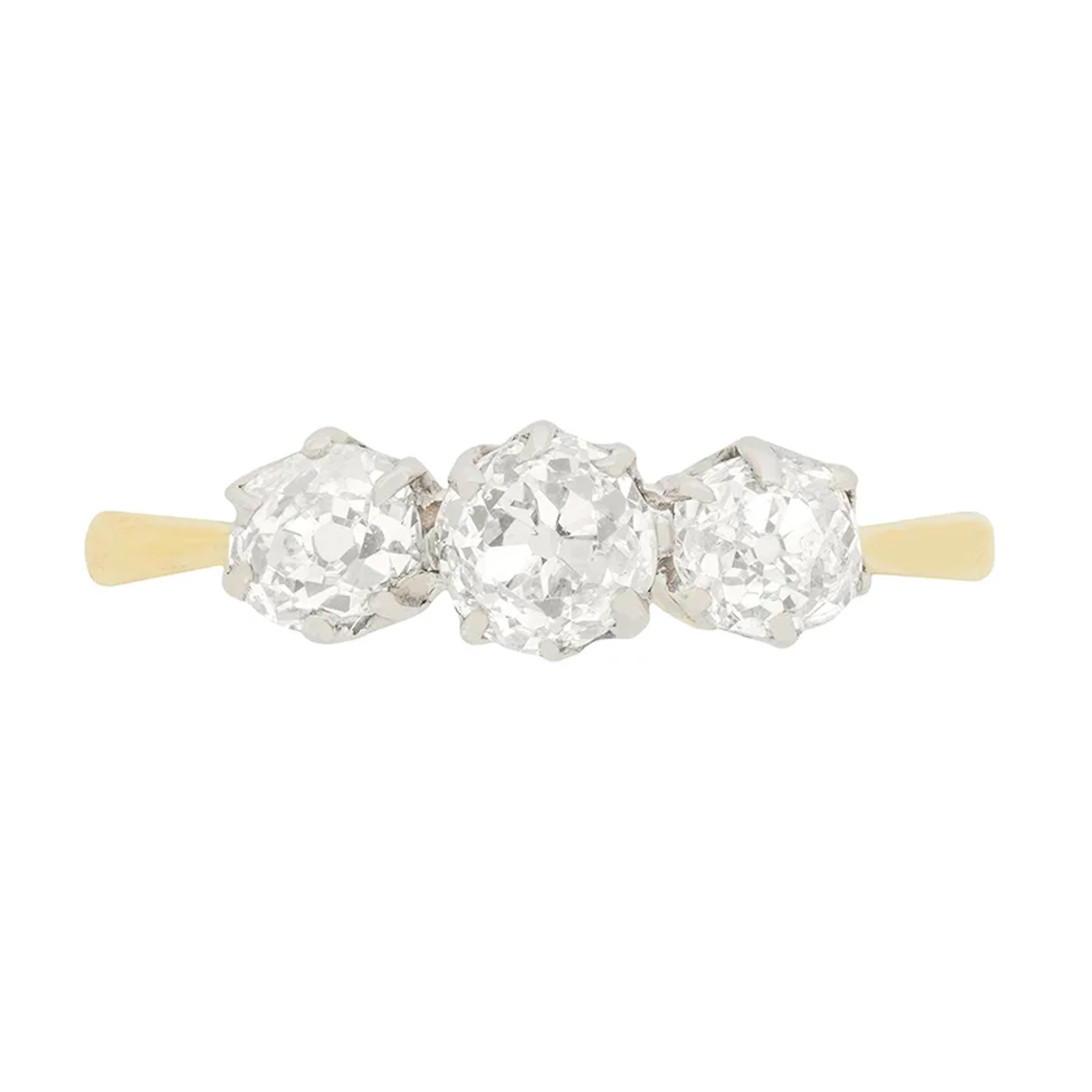 Edwardian 1.10ct Old Cushion Cut Diamond Three Stone Ring, c.1910s
