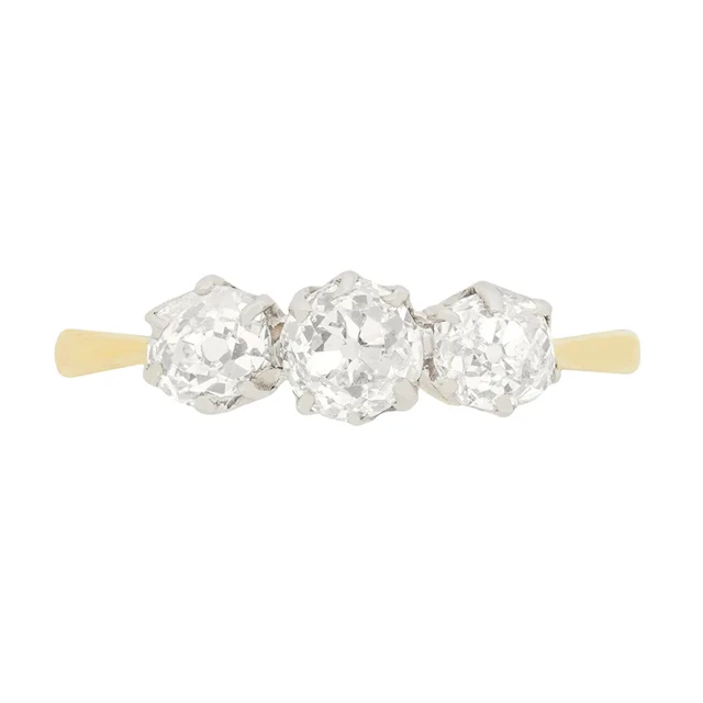 Edwardian 1.10ct Old Cushion Cut Diamond Three Stone Ring, c.1910s