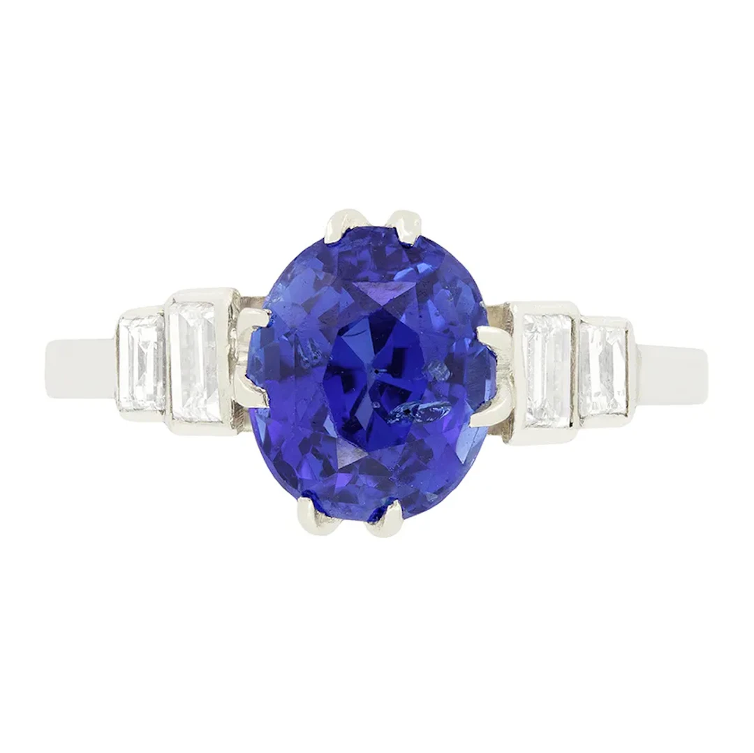 Art Deco 2.40ct Sapphire and Diamond Solitaire Ring, c.1920s